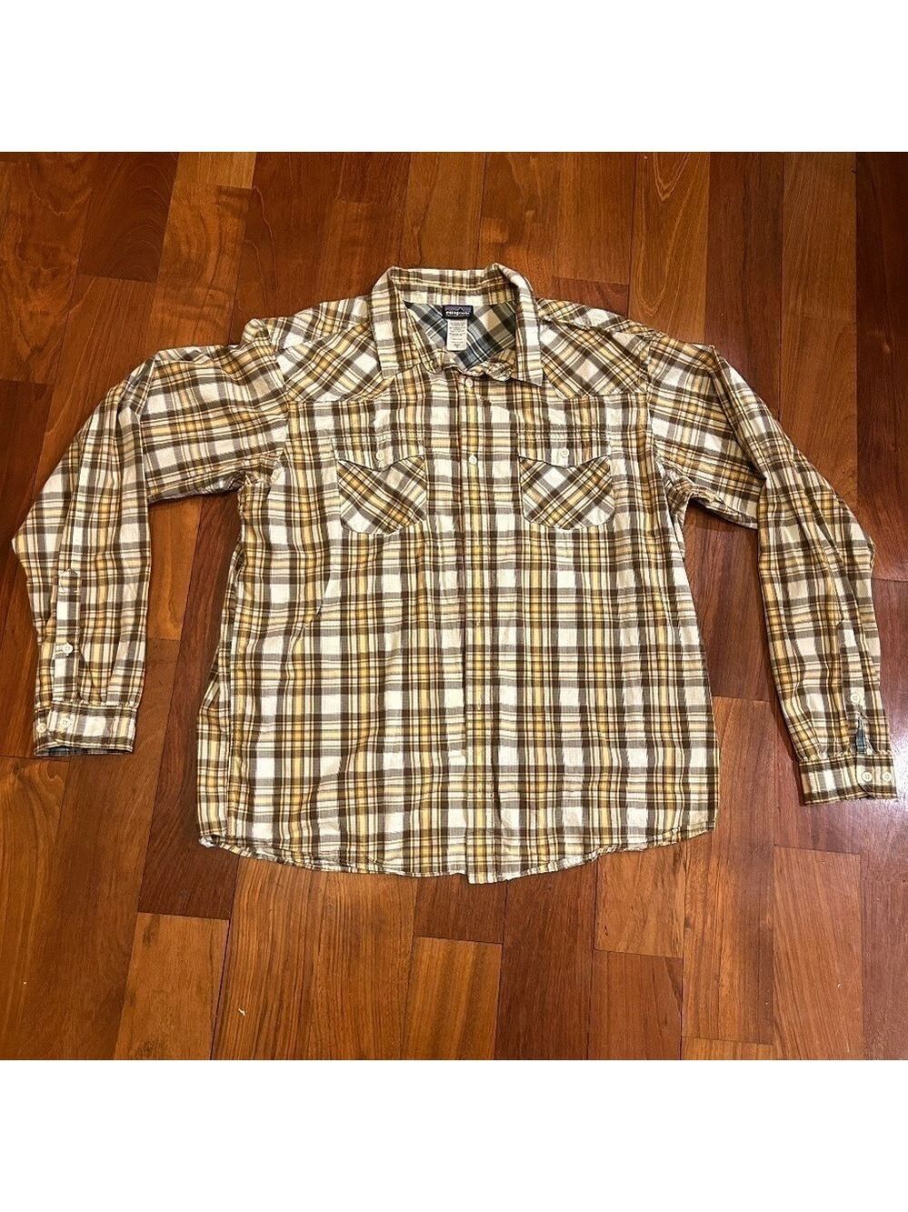 Patagonia Mens Sz XL Plaid Shirt 100% Cotton Button Up Yellow Brown Underarm 50"